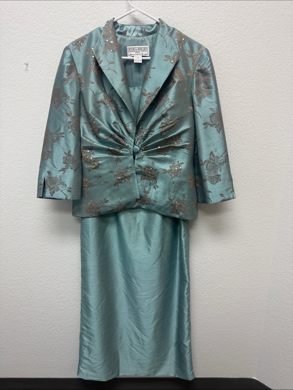 Jessica Howard Teal Floral Jacquard Blazer and Skirt Set